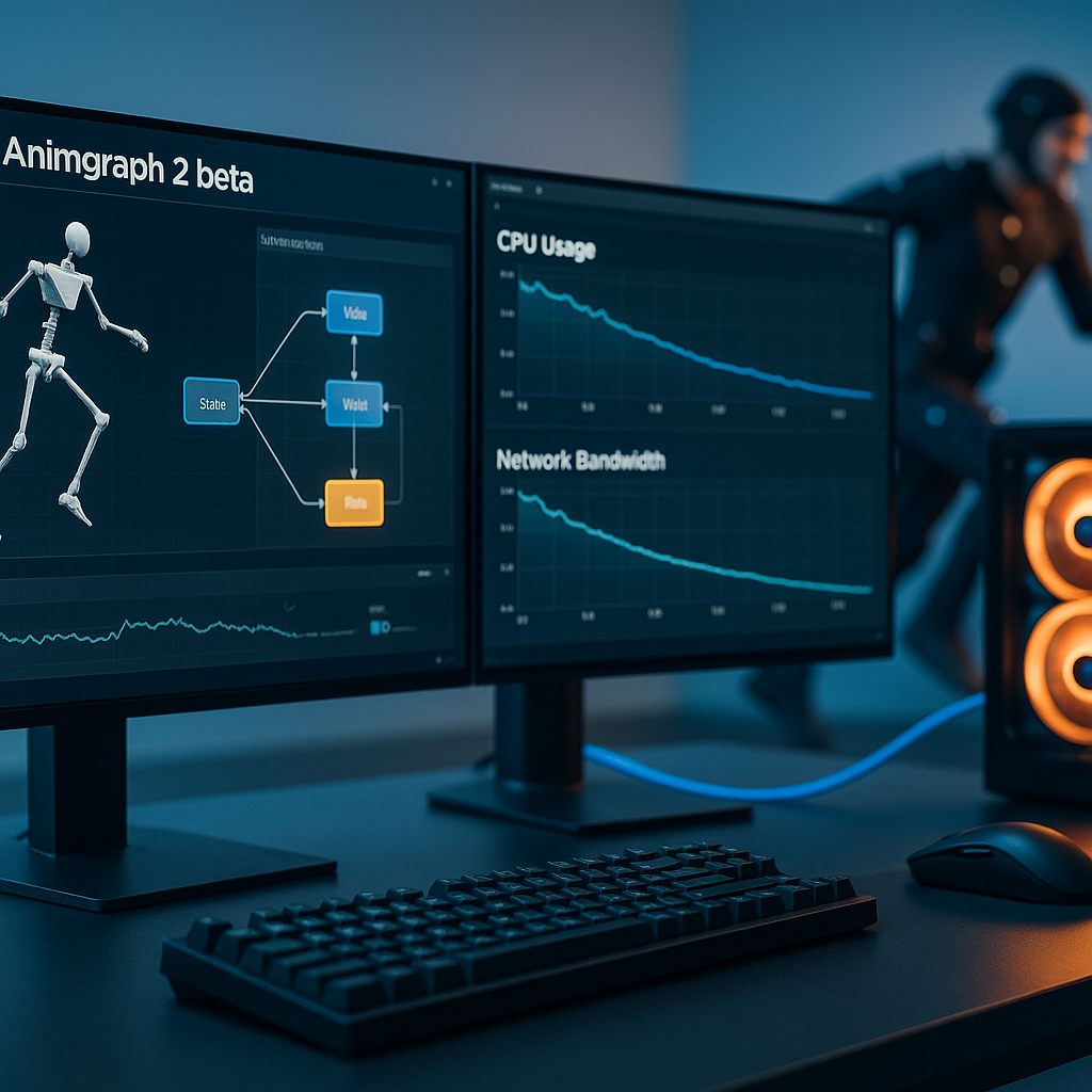 Photographic studio shot of a gaming workstation with dual monitors showing an animation graph